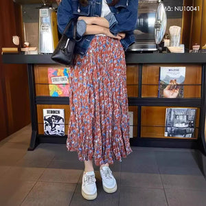 Chân váy linen retro lưng thun xếp ly in hoa lá - NU10041