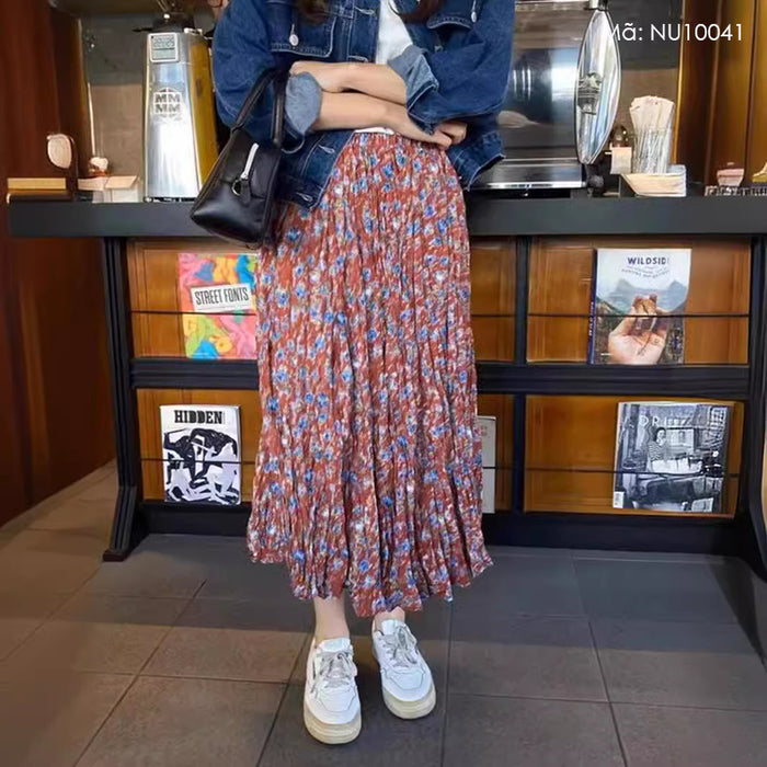 Chân váy linen retro lưng thun xếp ly in hoa lá - NU10041