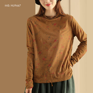 Áo T-shirt dài tay cổ lọ in những bông hồng - NU9667