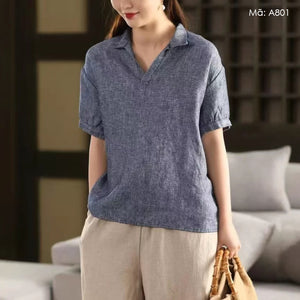 Áo sơ mi linen ngắn tay cổ đức một màu - A801