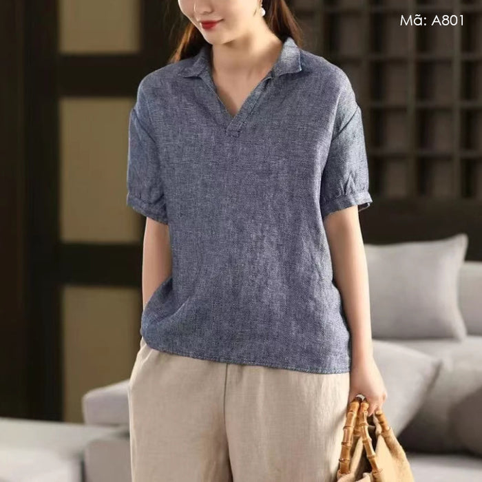 Áo sơ mi linen ngắn tay cổ đức một màu - A801