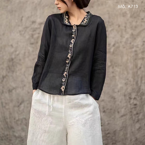 Áo sơ mi linen dài tay cổ cánh sen thêu bo viền - A713