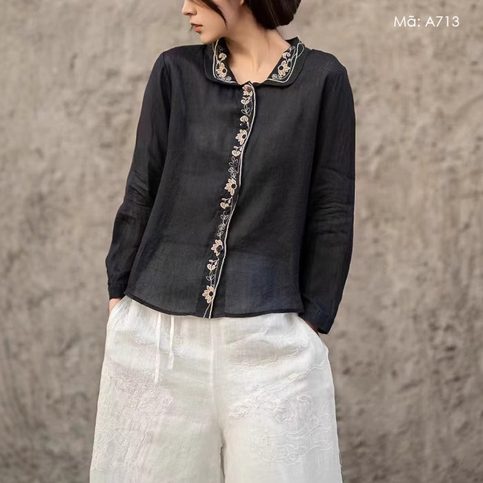 Áo sơ mi linen dài tay cổ cánh sen thêu bo viền - A713