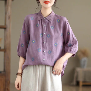 Áo sơ mi linen ngắn tay cổ đức đính ren thêu những bông hoa - NU9915