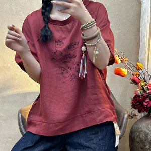 Áo T-shirt linen ngắn tay cổ tròn thêu mặt mèo - NU10426