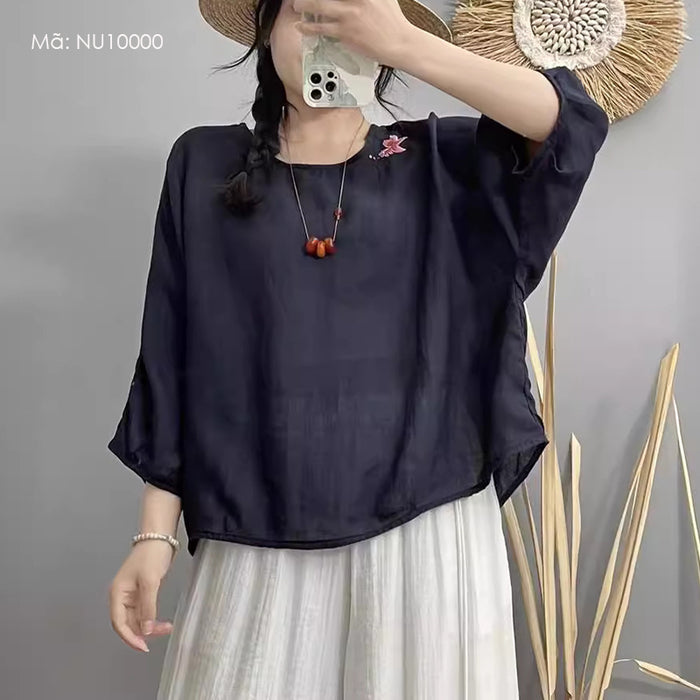 Áo T-shirt linen tay lửng cổ tròn thêu cá vàng - NU10000