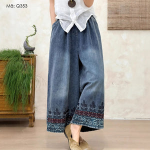 Quần baggy denim lửng thêu hoa - Q353