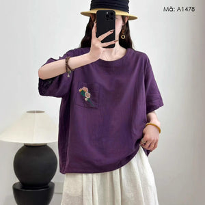 Áo T-shirt ngắn tay một túi thêu hoa - A1478