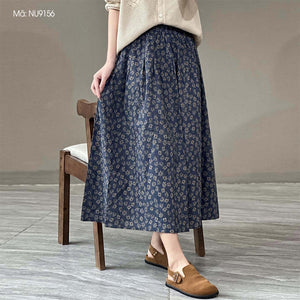 Chân váy linen retro lưng thun túi chéo in hoa cúc liti - NU9156