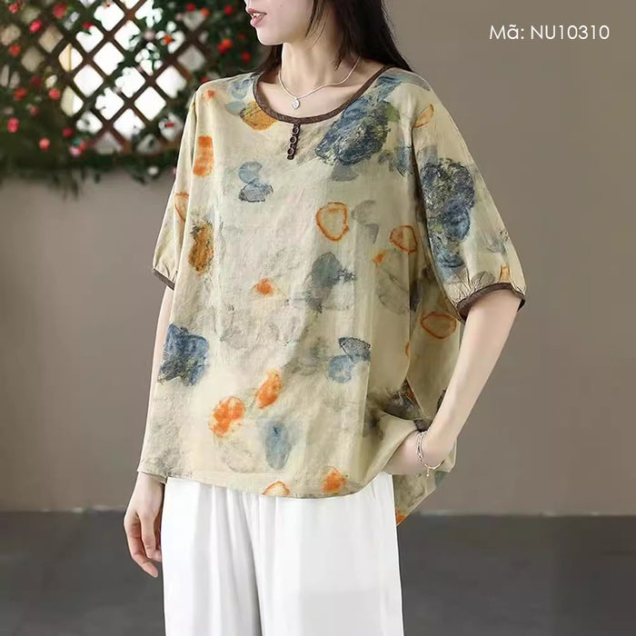 Áo sơ mi linen ngắn tay cổ tròn in hoa lá 3 khuy - NU10310