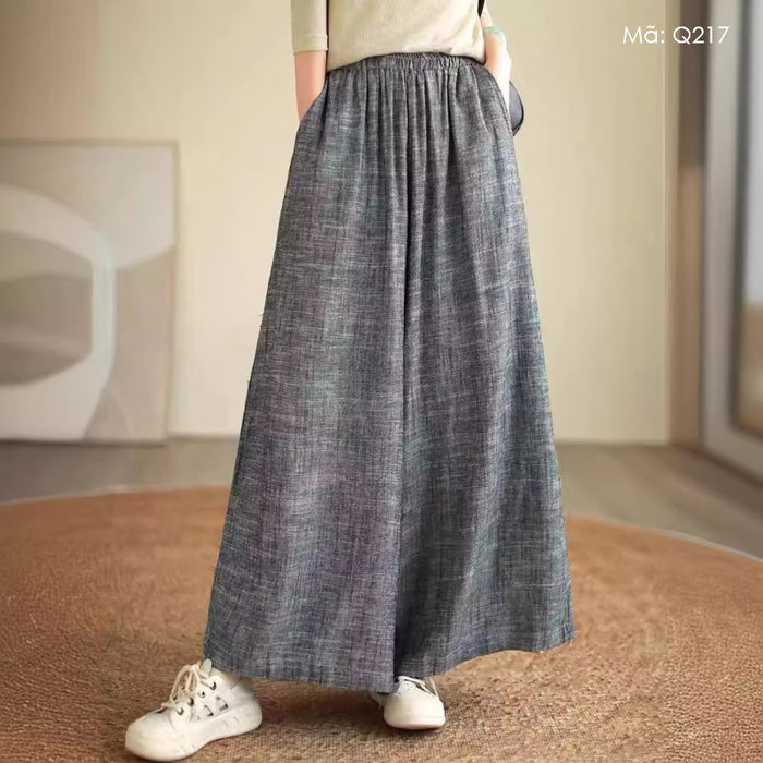 Quần baggy linen lưng thun ống rộng hai túi chéo retro - Q217