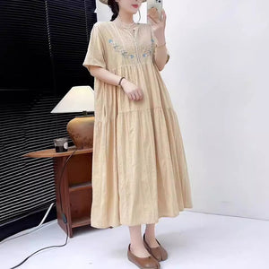 Đầm liền linen ngắn tay cổ tròn thêu hoa lá chấm bi - NU10099