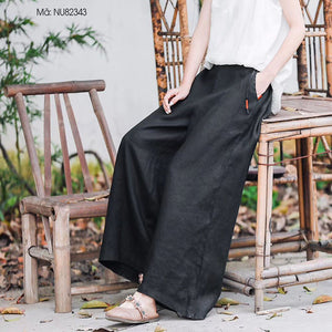 Quần baggy linen lưng thun kiểu dây rút ống rộng - NU8234