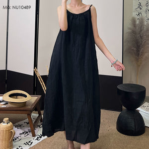Đầm liền linen hai dây retro form rộng - NU10489
