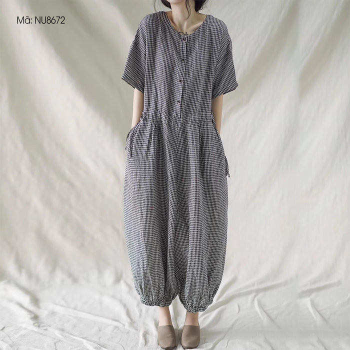 Áo liền quần baggy linen ngắn tay kẻ caro - NU8672