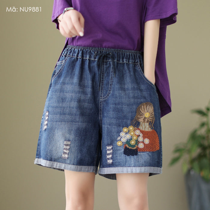 Quần sooc denim lưng thun thêu cô gái bên giỏ hoa - NU9881