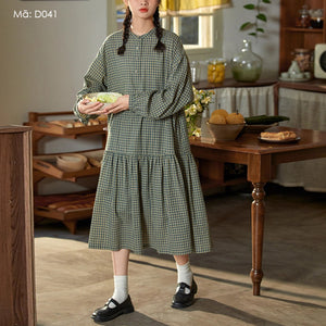 Đầm liền linen Morigirl dài tay cổ đứng kẻ caro - D041