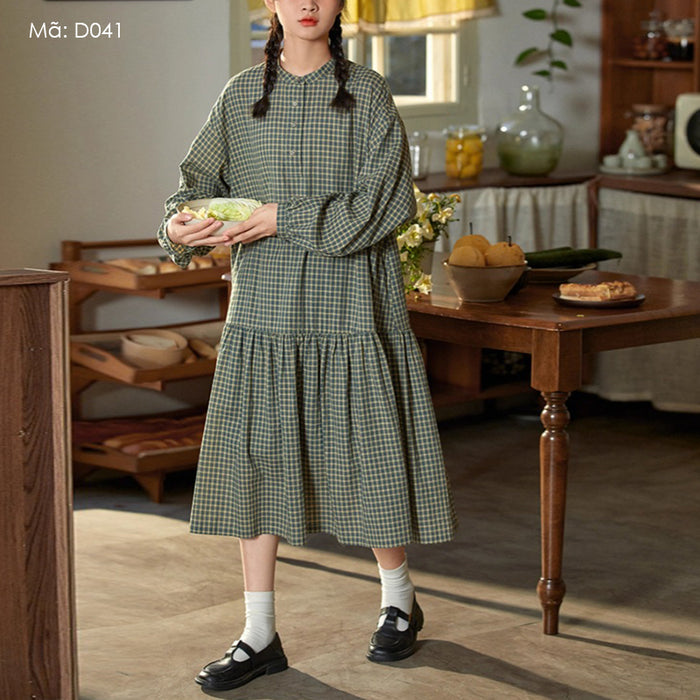 Đầm liền linen Morigirl dài tay cổ đứng kẻ caro - D041