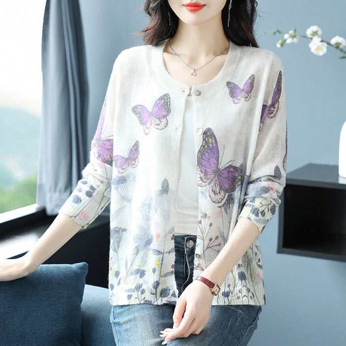 Áo len cardigan dài tay cổ tròn in họa tiết thiên nhiên - A513