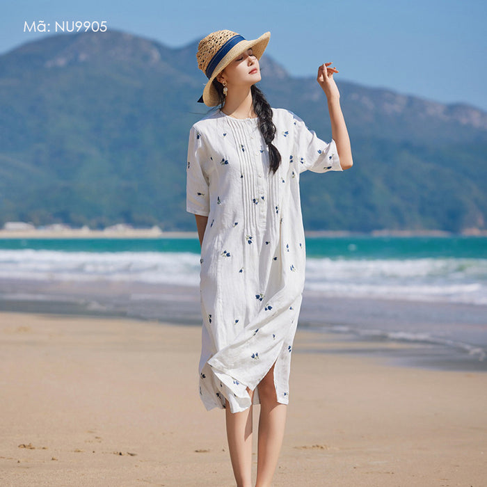 Đầm liền linen ngắn tay cổ tròn thêu hoa tulip - NU9905
