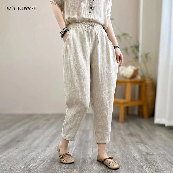 Quần baggy linen lửng lưng thun dây rút hai túi sau - NU9975