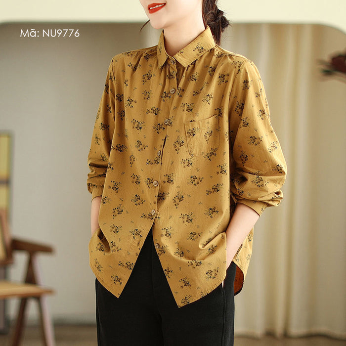 Áo sơ mi linen dài tay cổ đức in hoa lá li ti - NU9776
