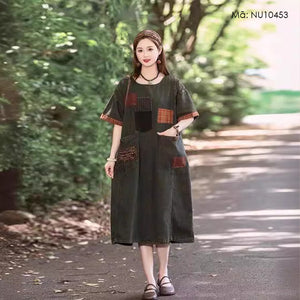 Đầm liền denim ngắn tay cổ tròn chắp vá ô vuông hai túi lớn - NU10453
