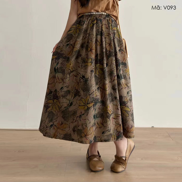 Chân váy linen lưng thun in hoa lá mộc mạc - V093