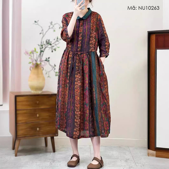 Đầm liền linen tay lửng cổ pipi in hoa lá kẻ sọc - NU10263