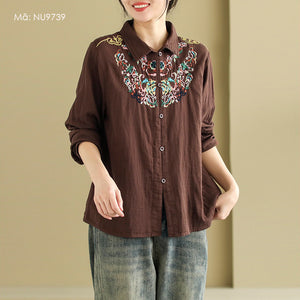 Áo sơ mi linen dài tay cổ đức thêu hoa văn retro - NU9739