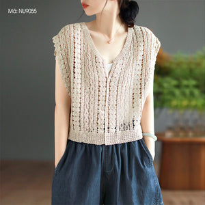 Áo T-shirt dệt kim retro sát nách cổ V - NU9055