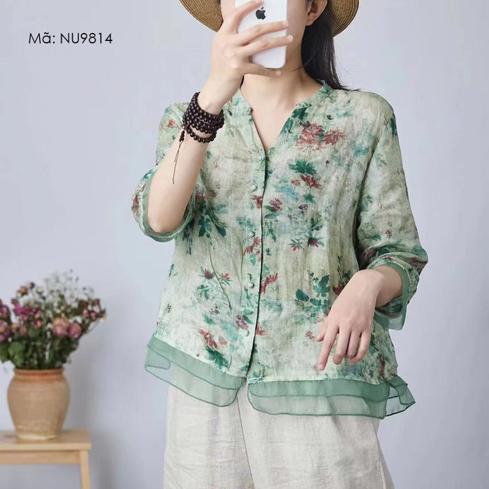 Áo sơ mi linen ngắn tay cổ V đính ren in hoa lá - NU9814
