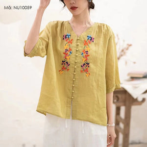 Áo sơ mi linen ngắn tay cổ V thêu hoa lá khuy tròn - NU10059