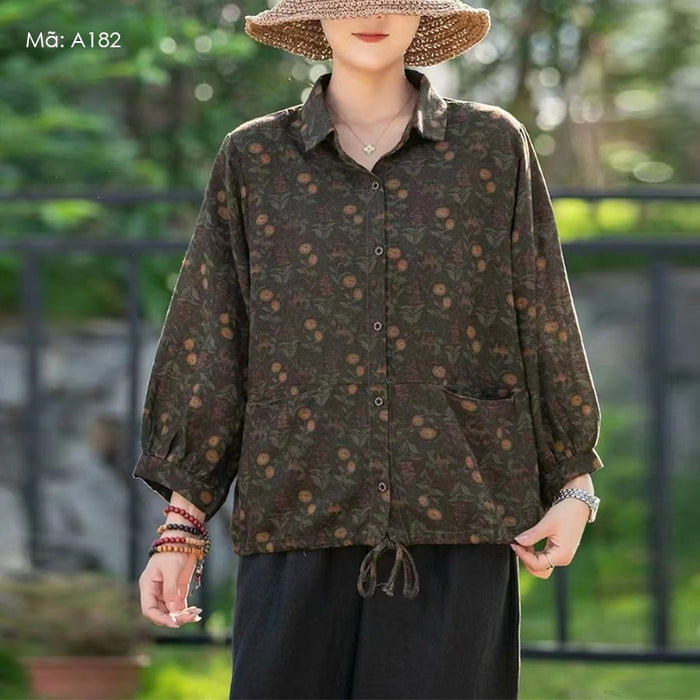 Áo sơ mi dài tay cổ đức vạt bo dây rút in hoa văn retro - A182
