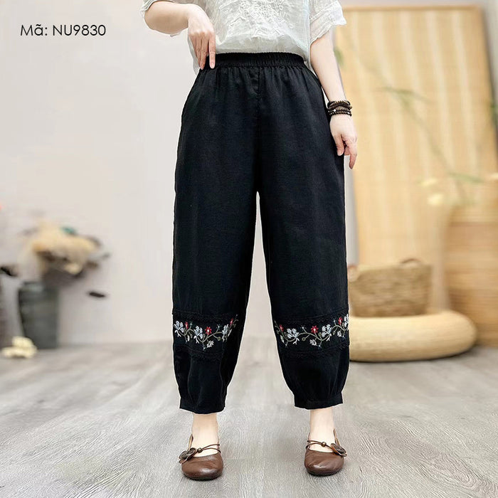 Quần baggy linen lưng thun ống túm thêu hoa lá - NU9830