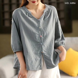 Áo sơ mi linen ngắn tay cổ đứng khuy tròn - A825