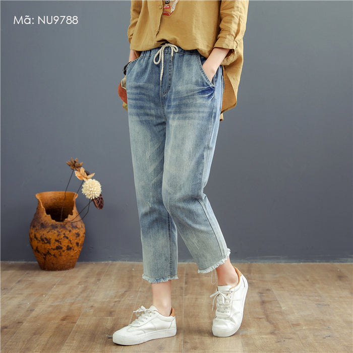 Quần baggy denim lưng thun ống đứng gấu tua rua - NU9788