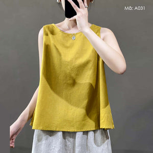 Áo T-shirt linen sát nách cổ tròn đơn sắc - A031