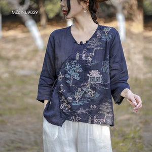 Áo sơ mi linen tay lửng cổ tròn vạt chéo thêu phong cảnh - NU9829