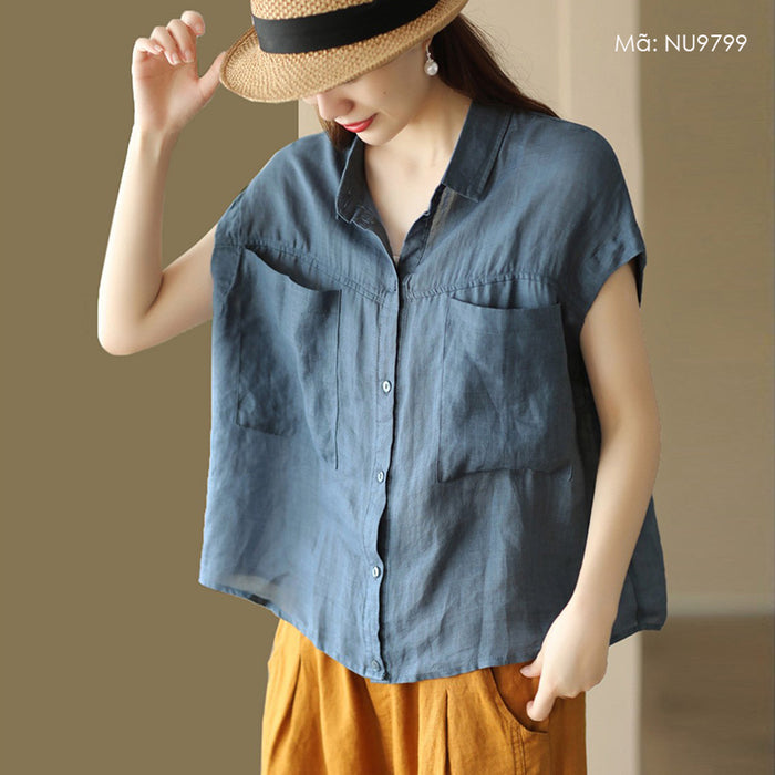 Áo sơ mi linen sát nách cổ đức hai túi vuông lớn - NU9799