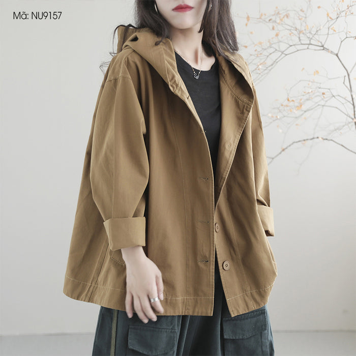 Áo khoác retro dài tay có mũ khuy cài hai túi đứng - NU9157