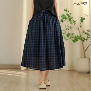 Chân váy linen lưng thun dây rút kẻ caro - V091
