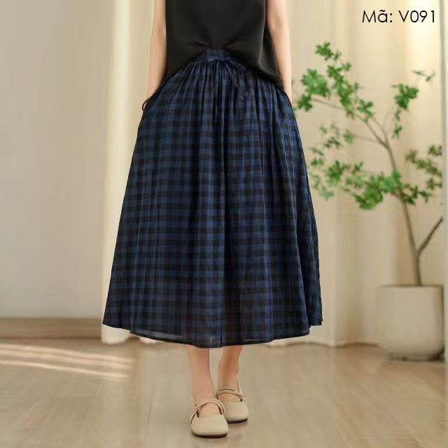 Chân váy linen lưng thun dây rút kẻ caro - V091