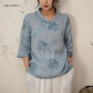 Áo sơ mi linen tay lửng cổ tròn khuy cài lệch thêu hoa lá - NU9911