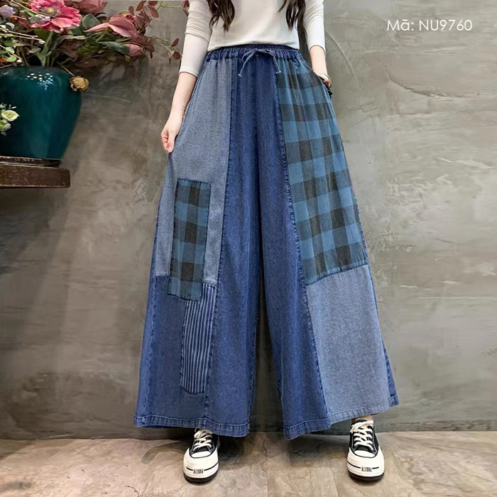 Quần baggy denim lưng thun ống rộng phối caro - NU9760