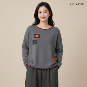 Áo len thêu cổ tròn thêu cá - A1218