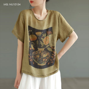 Áo T-shirt linen ngắn tay cổ tròn hoa lá tĩnh vật - NU10154