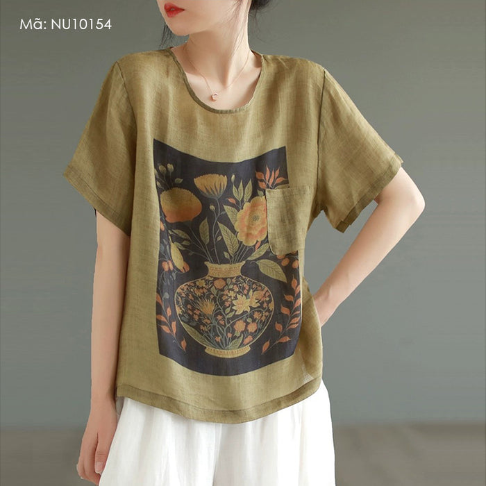 Áo T-shirt linen ngắn tay cổ tròn hoa lá tĩnh vật - NU10154