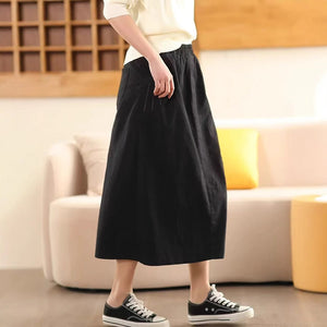 Chân váy linen lưng thun hai túi xẻ vạt sau - V077