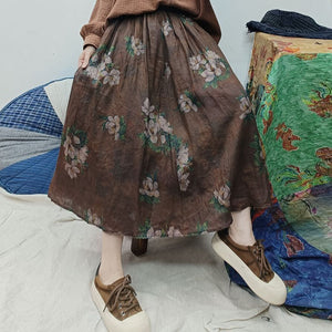 Chân váy linen retro lưng thun in hoa trà - NU9990